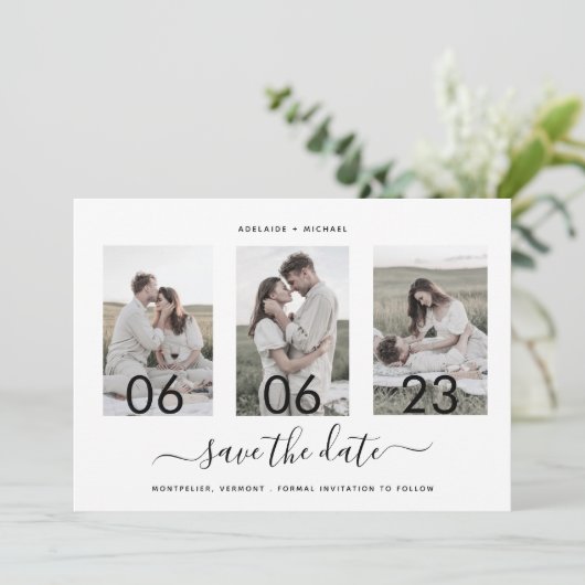 Moderne Romantische Drehbuch-Collage Save The Date (Stehend Vorderseite)