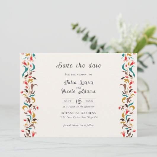 Moderne romantische Elegante Blumenzeremonie Save The Date (Stehend Vorderseite)