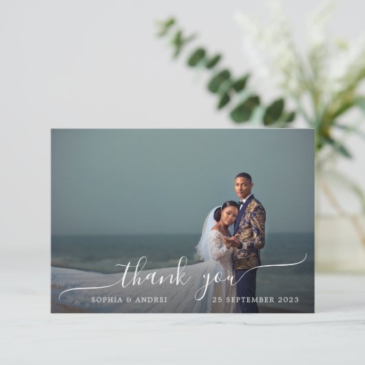 Moderne romantische Foto-Hochzeit Dankeskarte (Stehend Vorderseite)