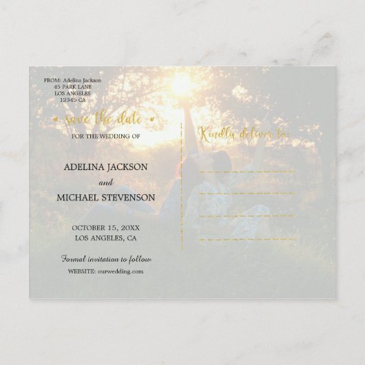 Moderne romantische goldene Hochzeit retten das Da Ankündigungspostkarte (Rückseite)