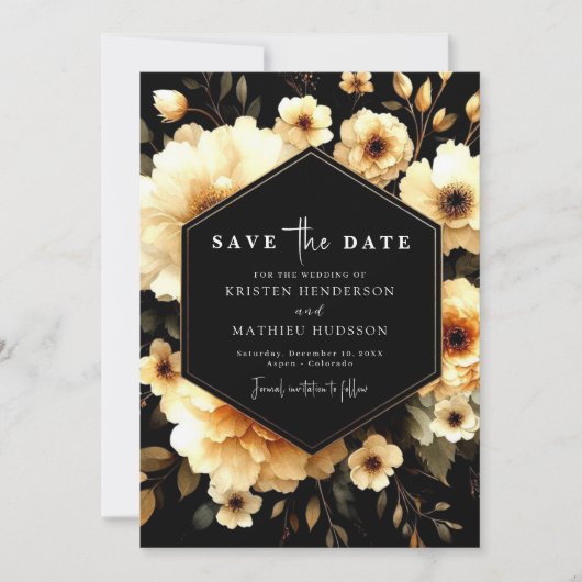 Moderne romantische Hochzeit mit Gold und Schwarz Save The Date (Vorderseite)