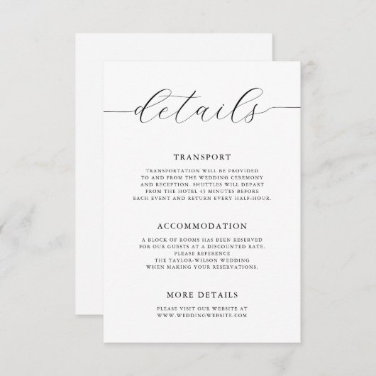 Moderne romantische kalligraphische Hochzeitdetail Begleitkarte (Vorne/Hinten)