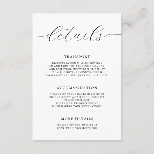 Moderne romantische kalligraphische Hochzeitdetail Begleitkarte (Vorderseite)