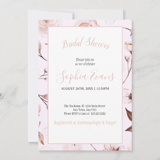 Moderne romantische Rose und florales Brautparty Einladung (Vorderseite)