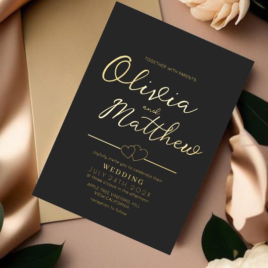 Moderne romantische Script Foil Gold und Black Wed Folieneinladung