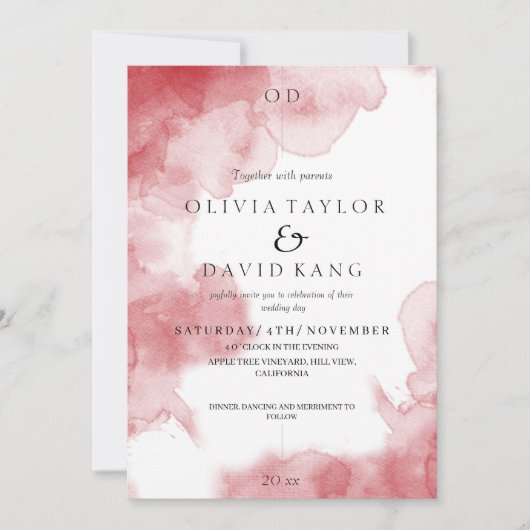 Moderne romantische Soft Watercolor Burgundy Weddi Einladung (Vorderseite)