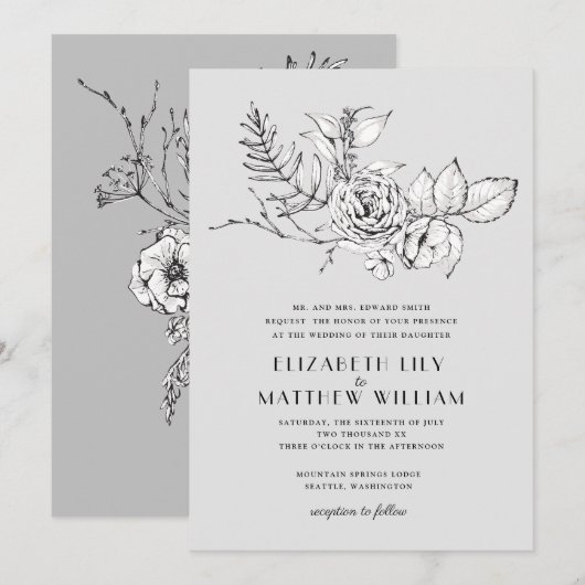 Moderne romantische Wildblume Gray Wedding Einladu Einladung (Vorne/Hinten)
