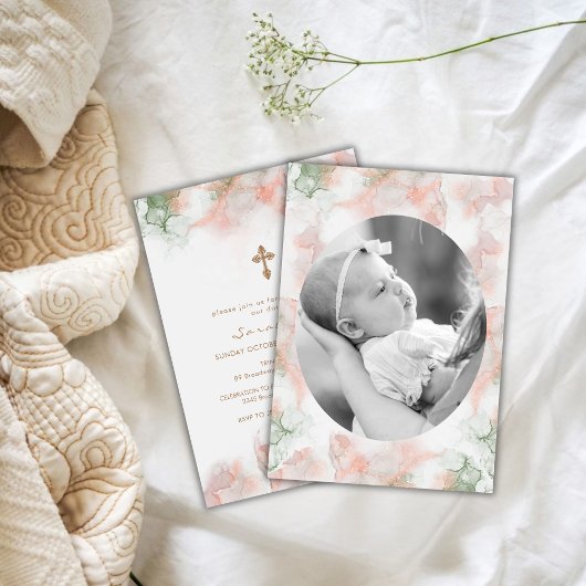 Moderne Rosa Agate Foto Goldkreuz Taufe Einladung