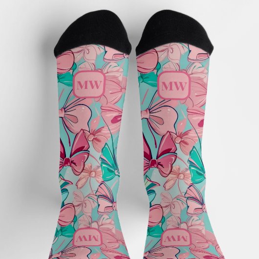 Moderne rosa aquamarine große Bogen monogramm chic Socken (Oben)