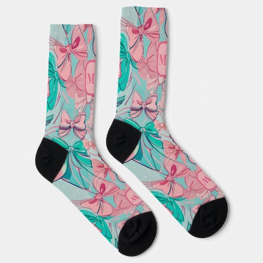 Moderne rosa aquamarine große Bogen monogramm chic Socken (Rechts)