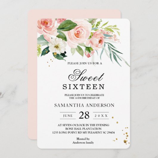 Moderne rosa Aquarellfarben Schönheit Blume & Blät Einladung (Vorne/Hinten)