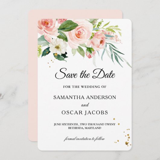 Moderne rosa Aquarellfarben Schönheit Blume & Blät Save The Date (Vorne/Hinten)