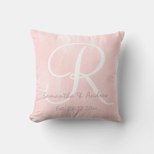 Moderne rosa Aquarellmonogrammhochzeit Kissen (Vorderseite)