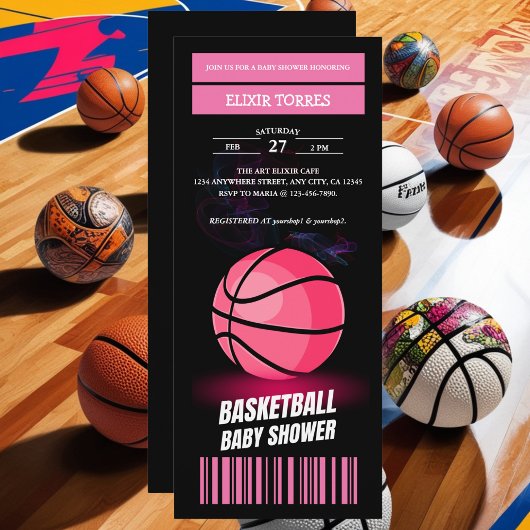 Moderne rosa Basketball Ticket Ball Baby Dusche Einladung