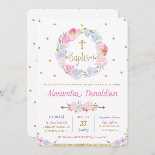 Moderne rosa bläserne Blume Taufe Christening Einladung (Vorne/Hinten)