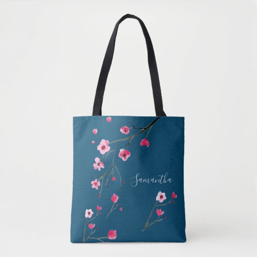 Moderne Rosa Blauer Wasserfarbenkirschblüten Name Tasche (Vorderseite)