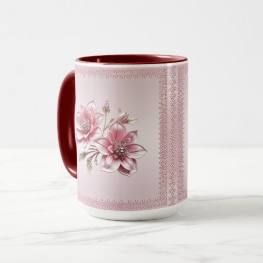 Moderne rosa Blume Blumenkohle Tasse (Vorderseite Links)