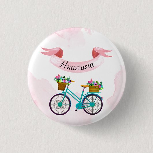 Moderne rosa Blume Fahrräder Button (Vorderseite)