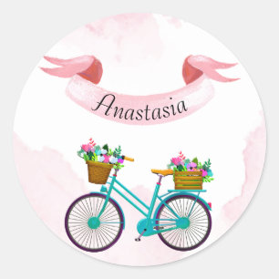 Moderne rosa Blume Fahrräder Runder Aufkleber