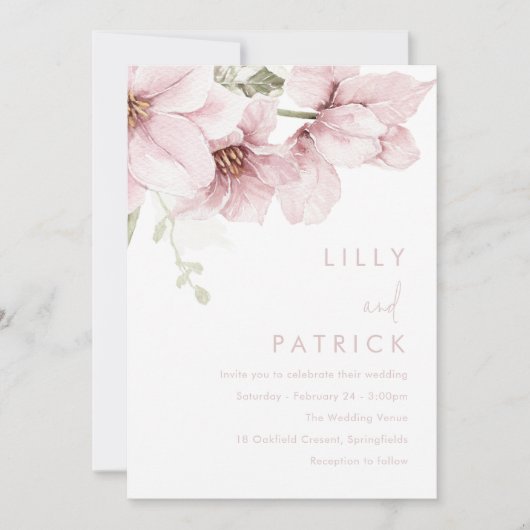Moderne, rosa Blume Hochzeit Einladung (Vorderseite)