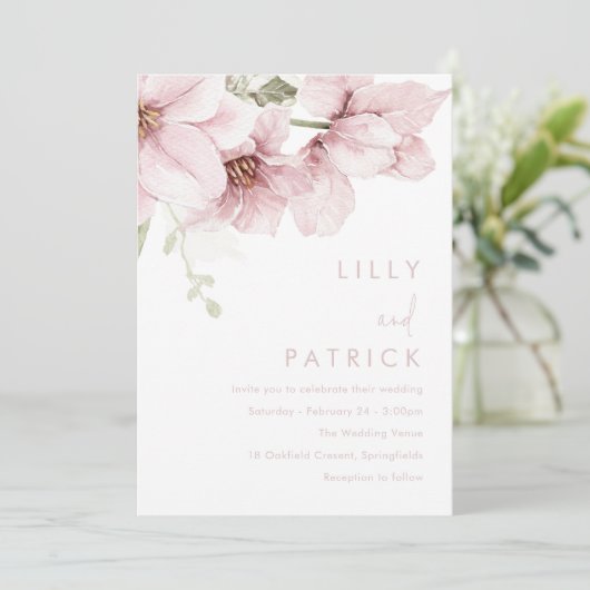 Moderne, rosa Blume Hochzeit Einladung (Stehend Vorderseite)