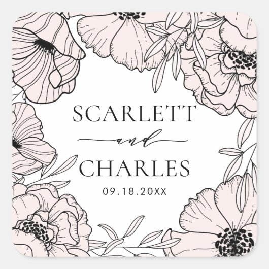 Moderne Rosa Blume Hochzeitsticker Quadratischer Aufkleber (Vorderseite)