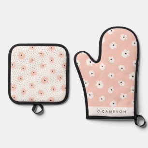 Moderne rosa Blume Muster Personalisiert Ofenhandschuh & Topflappen-Set
