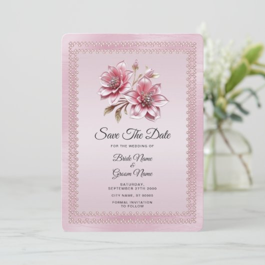 Moderne rosa Blume Save the Date (Stehend Vorderseite)
