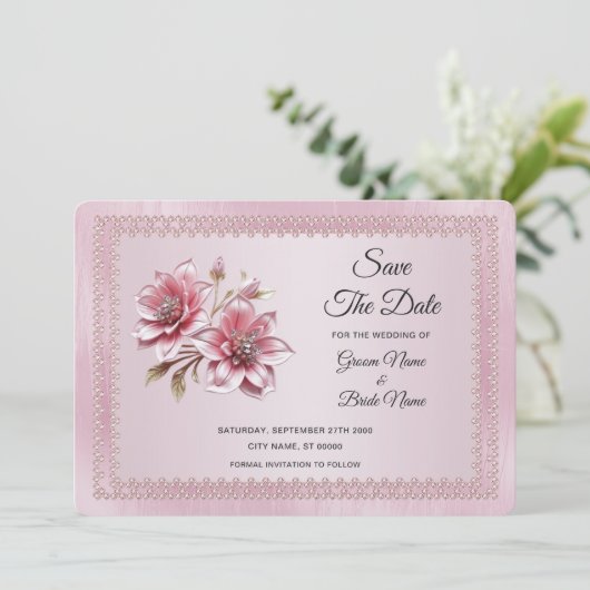 Moderne rosa Blume Save the Date Karte (Stehend Vorderseite)