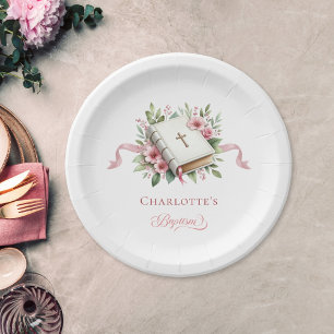 Moderne rosa Blumen Tauf-Papierplatte Pappteller