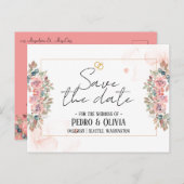 Moderne rosa Blumenhochzeit retten das Datum Postkarte (Vorne/Hinten)