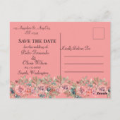 Moderne rosa Blumenhochzeit retten das Datum Postkarte (Rückseite)