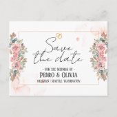Moderne rosa Blumenhochzeit retten das Datum Postkarte (Vorderseite)