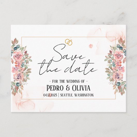 Moderne rosa Blumenhochzeit retten das Datum Postkarte (Vorderseite)