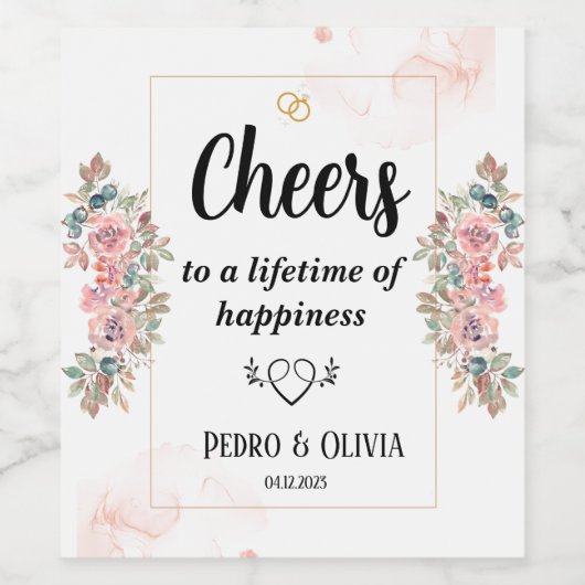 Moderne rosa Blumenhochzeit Weinetikett (Einzelnes Label)