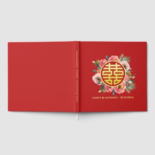 Moderne rosa Blumenkranz chinesische Hochzeit Gästebuch (Voll)