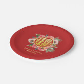 Moderne rosa Blumenkranz chinesische Hochzeit Pappteller (Schrägansicht)