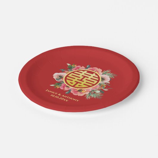 Moderne rosa Blumenkranz chinesische Hochzeit Pappteller (Schrägansicht)