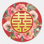 Moderne rosa Blumenkranz chinesische Hochzeit Runder Aufkleber (Vorderseite)