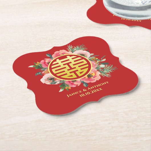 Moderne rosa Blumenkranz chinesische Hochzeit Untersetzer (angewinkelt)