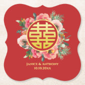 Moderne rosa Blumenkranz chinesische Hochzeit Untersetzer (Vorderseite)