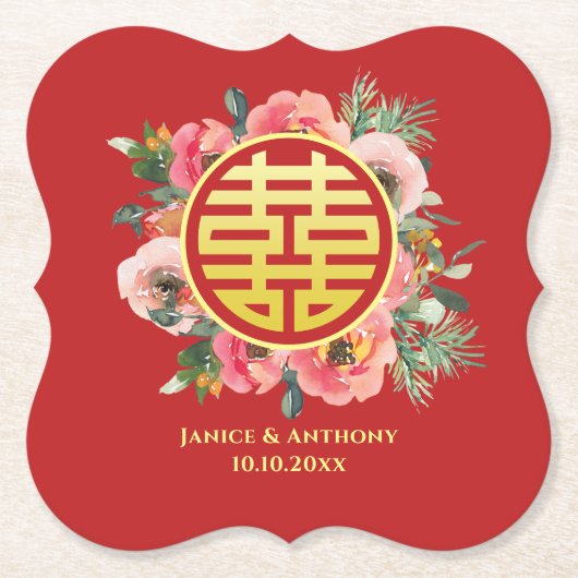 Moderne rosa Blumenkranz chinesische Hochzeit Untersetzer (Vorderseite)