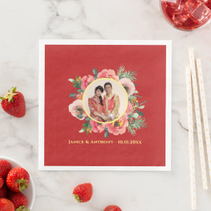 Moderne rosa Blumenkranz chinesische Hochzeitsfoto Serviette