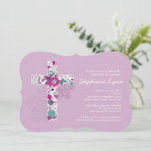 Moderne rosa Blumenquermädchen-Taufe-Einladung Einladung (Stehend Vorderseite)