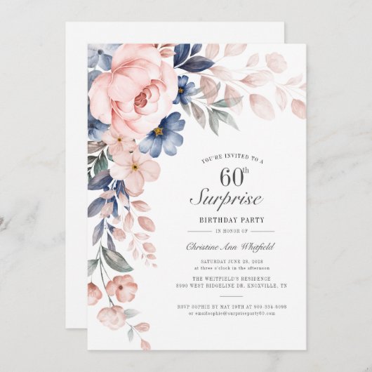 Moderne rosa Blumenschrift Überraschung 60. Geburt Einladung (Vorne/Hinten)