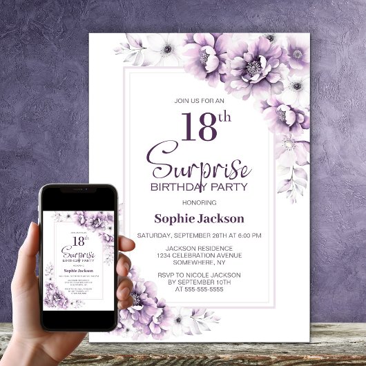 Moderne rosa Blumenüberraschung 18. Geburtstagspar Einladung