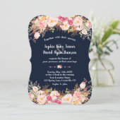 Moderne rosa Blush Bloral Navy Blue Hochzeit Einladung (Stehend Vorderseite)