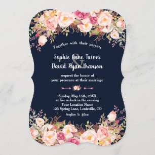 Moderne rosa Blush Bloral Navy Blue Hochzeit Einladung