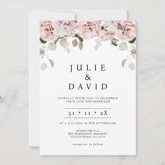 Moderne Rosa Blush Boho Blumenzehen Einladung (Vorderseite)