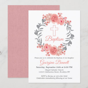 Moderne rosa Blush Gray Blumenkreuz Taufe Einladung